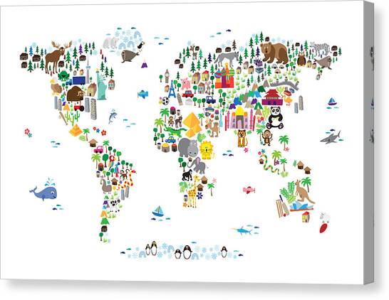 Animal Map of the World for children and kids #5 Canvas Art Print by Michael Tompsett