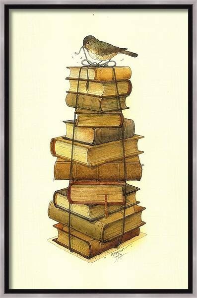 Books And Little Bird Framed Canvas Print