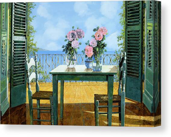 Le Rose Sul Tavolo Al Balcone Canvas Art Print by Guido Borelli