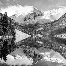 Maroon Bells BW Covered In Snow - Aspen Colorado by Gregory Ballos